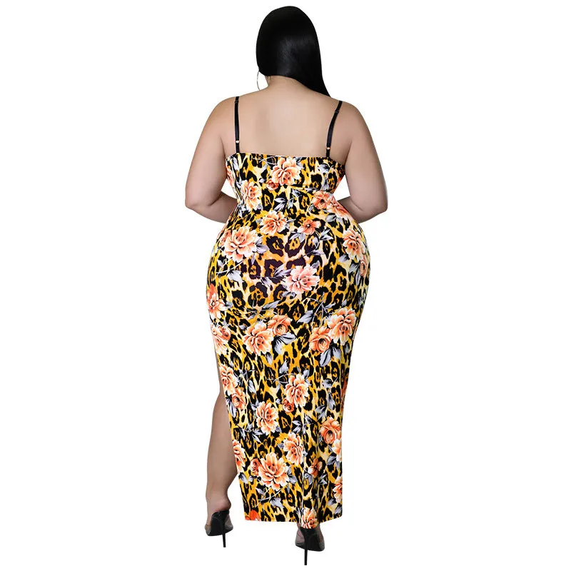 Floral and Animal Print Strappy Bodycon Dress with Slit Detail