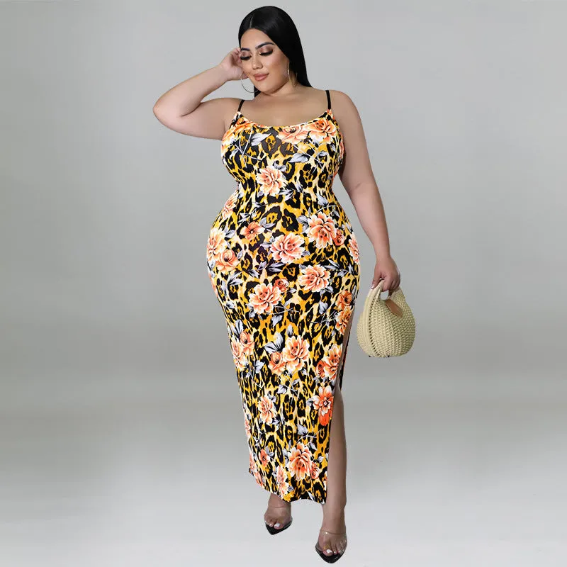Floral and Animal Print Strappy Bodycon Dress with Slit Detail