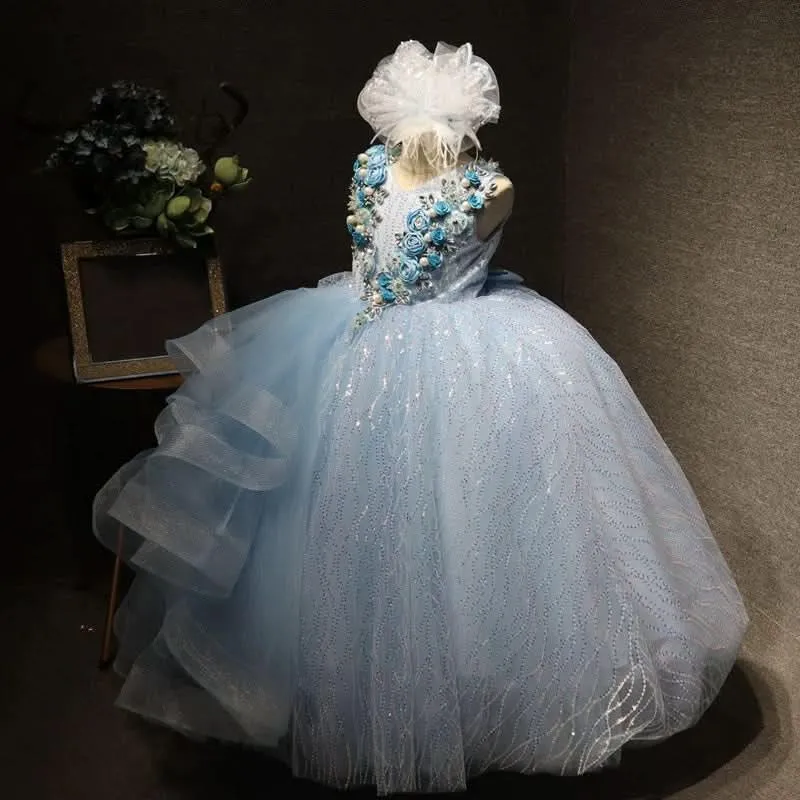 Flower embroidered sequin mesh high-end banquet party girls evening dress