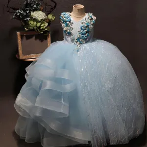 Flower embroidered sequin mesh high-end banquet party girls evening dress