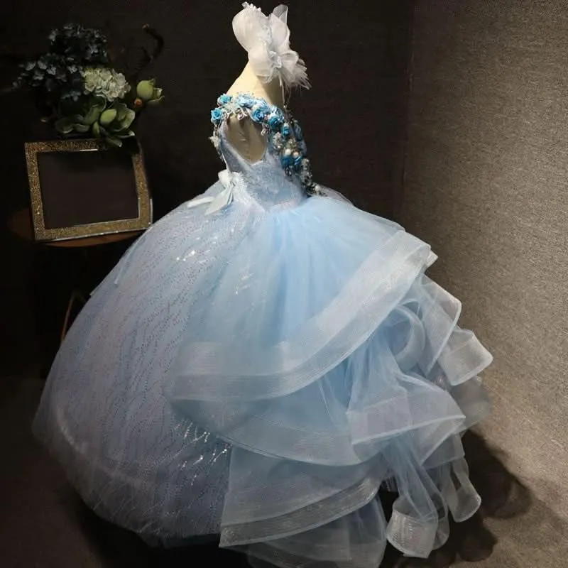 Flower embroidered sequin mesh high-end banquet party girls evening dress