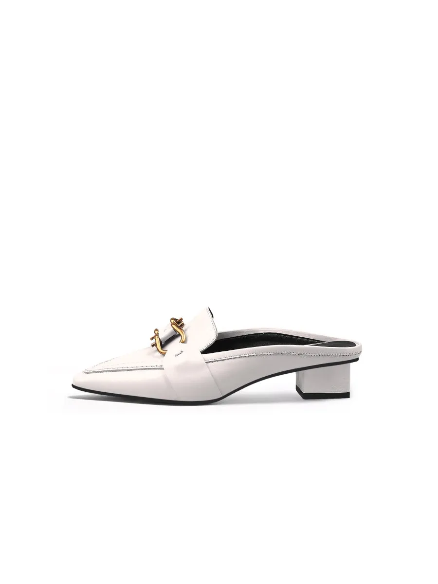 Genuine Leather Golden Lock Chain Mules Sandals - Cream