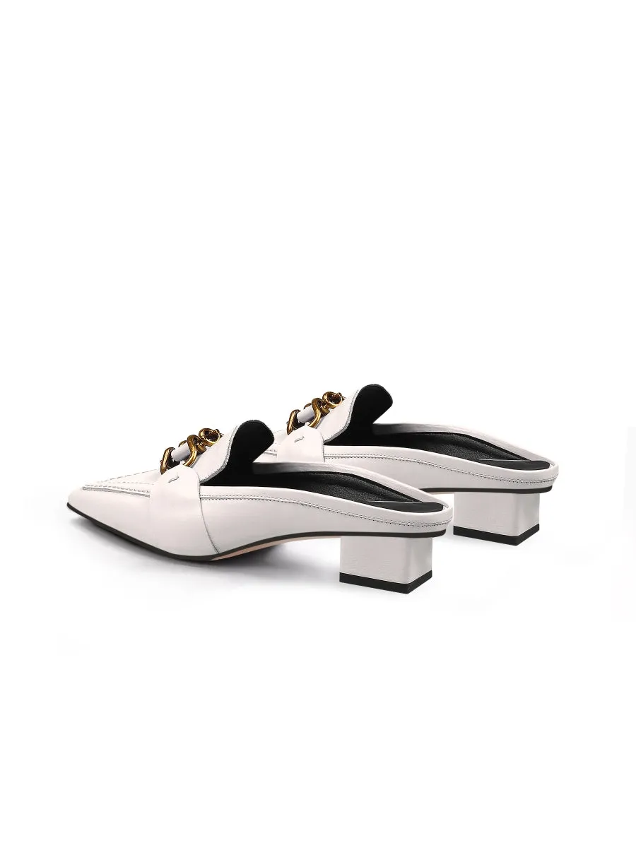 Genuine Leather Golden Lock Chain Mules Sandals - Cream