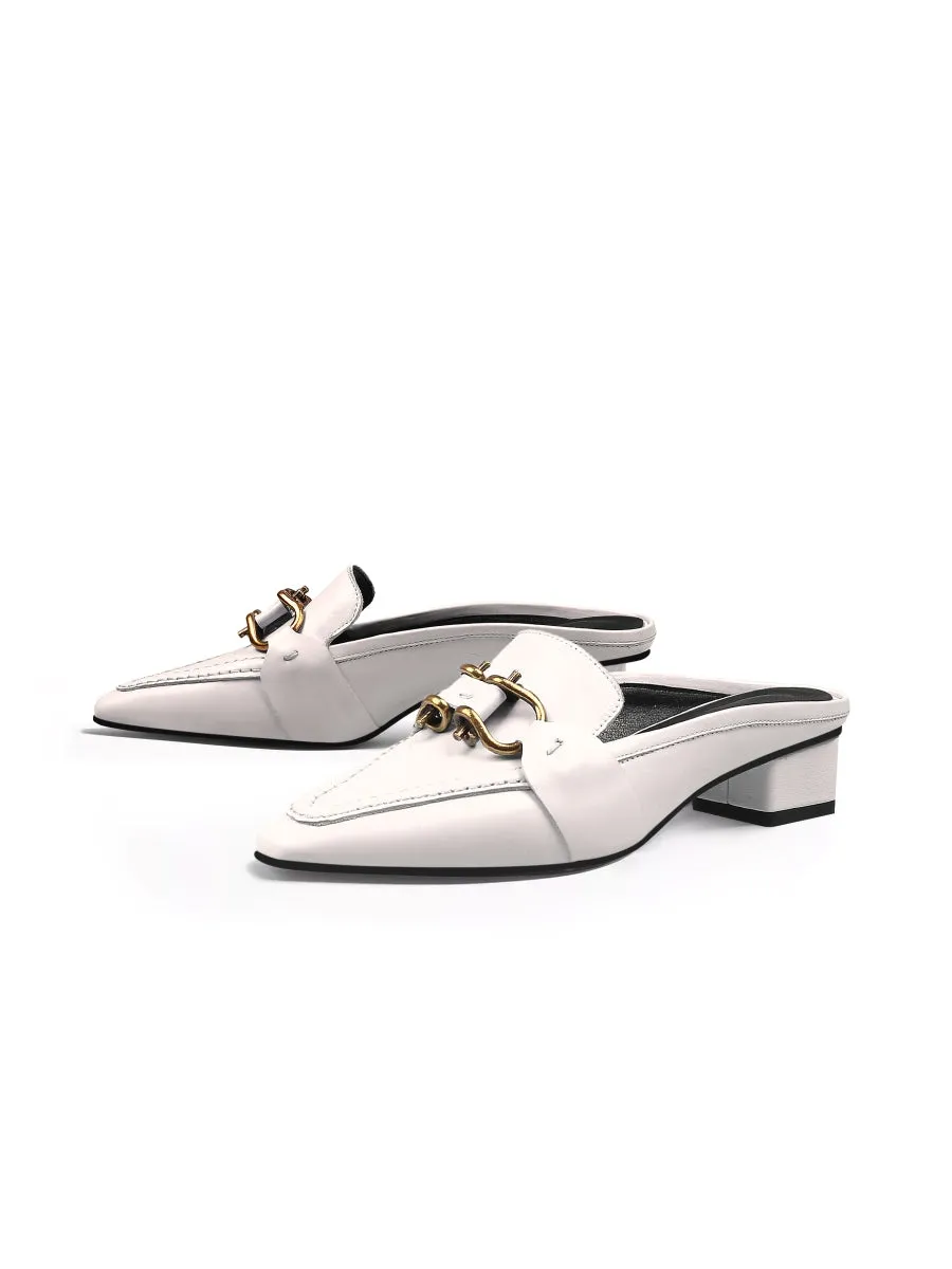 Genuine Leather Golden Lock Chain Mules Sandals - Cream