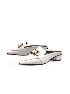 Genuine Leather Golden Lock Chain Mules Sandals - Cream