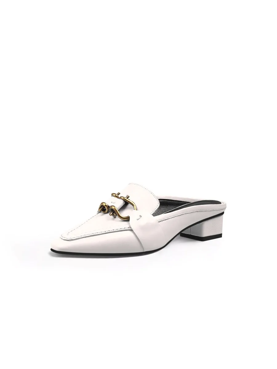 Genuine Leather Golden Lock Chain Mules Sandals - Cream