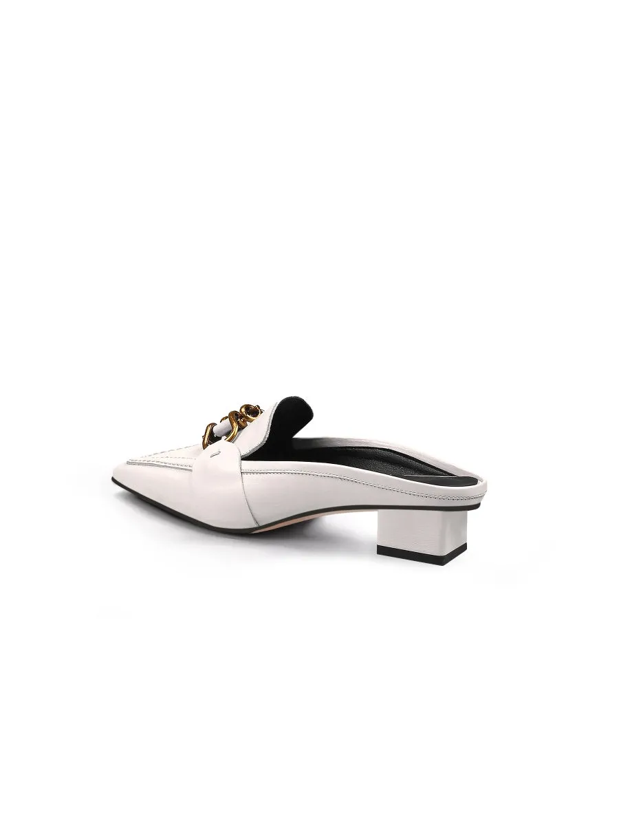 Genuine Leather Golden Lock Chain Mules Sandals - Cream