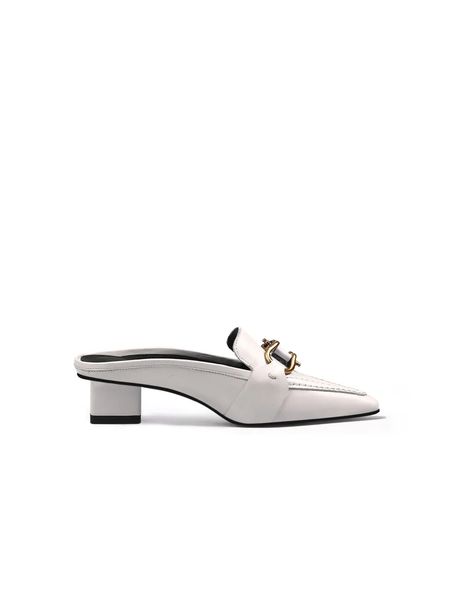 Genuine Leather Golden Lock Chain Mules Sandals - Cream