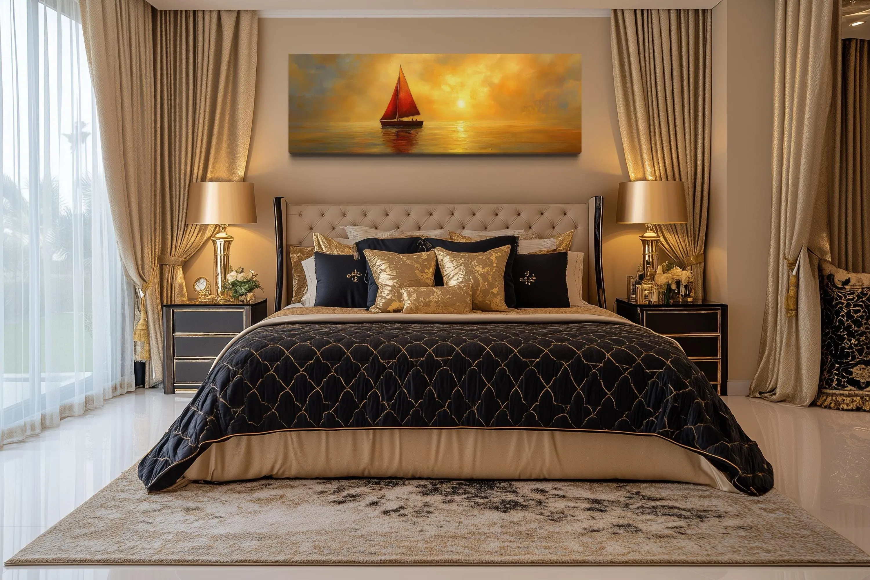 Gold Red Sail Boat Long Narrow Framed Canvas Wall Art