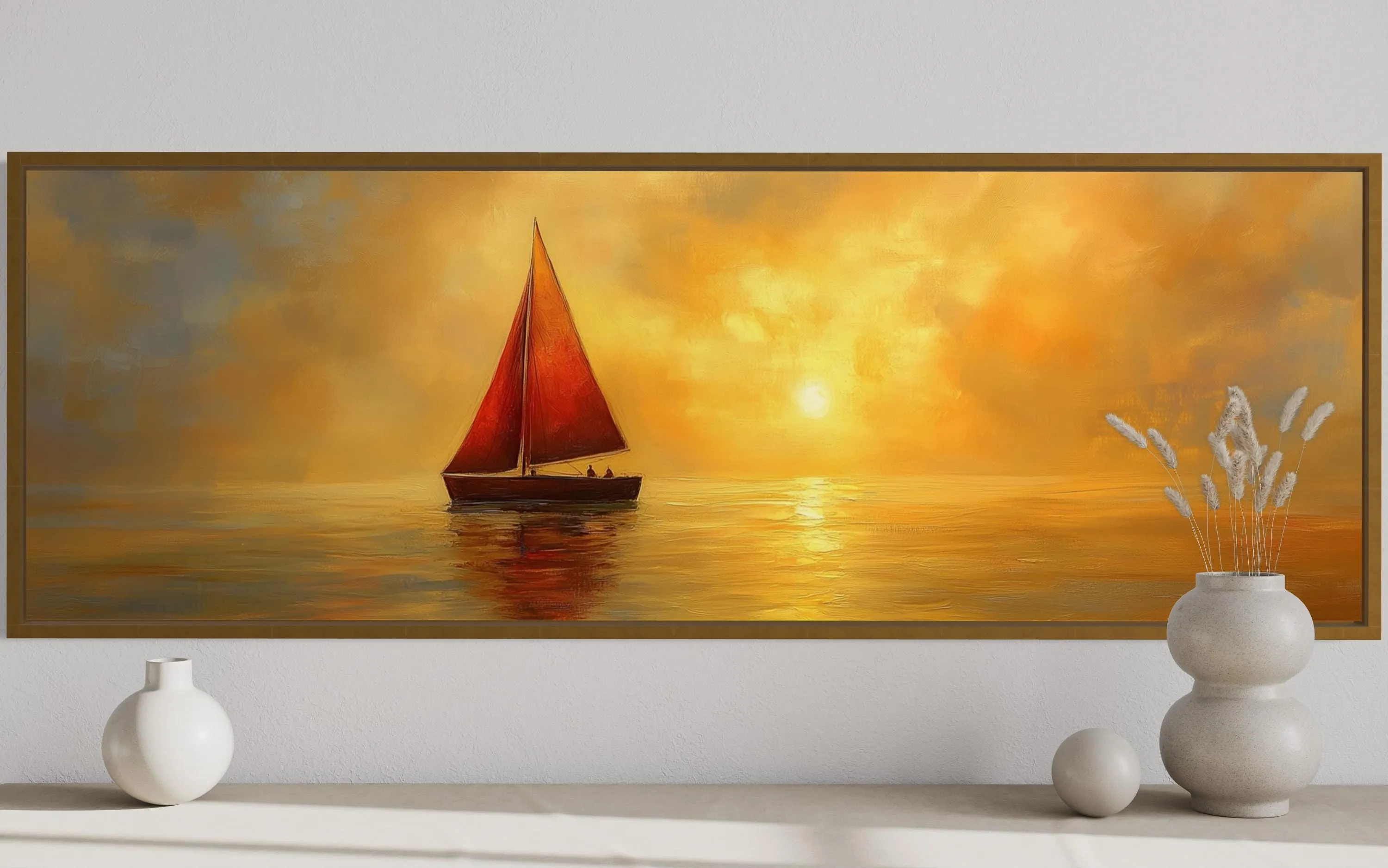 Gold Red Sail Boat Long Narrow Framed Canvas Wall Art