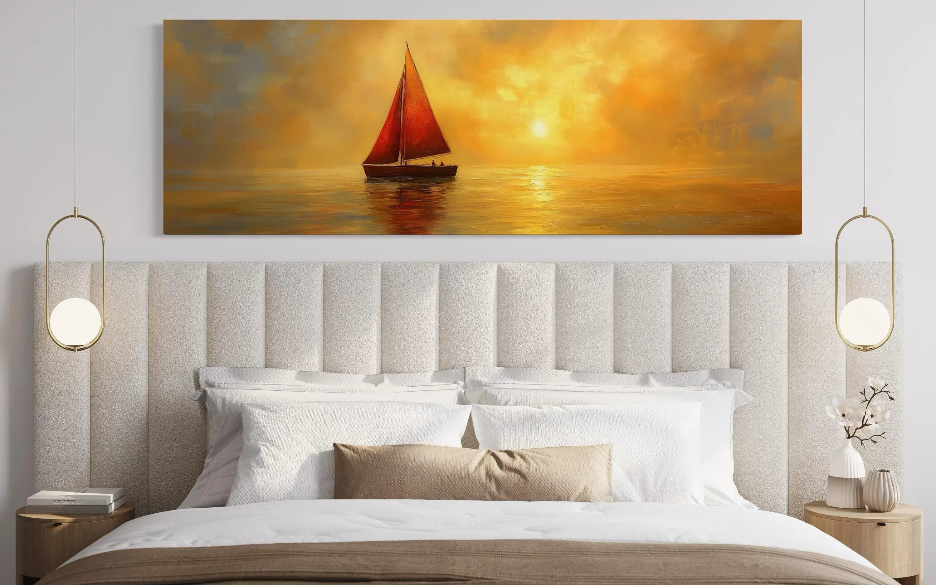 Gold Red Sail Boat Long Narrow Framed Canvas Wall Art