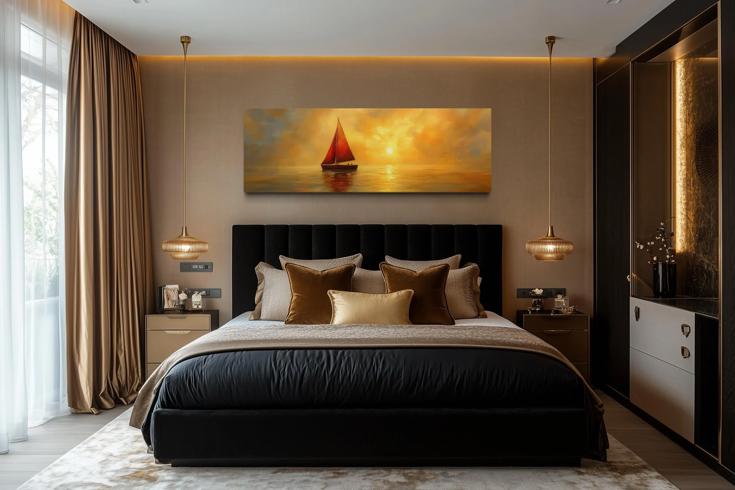 Gold Red Sail Boat Long Narrow Framed Canvas Wall Art
