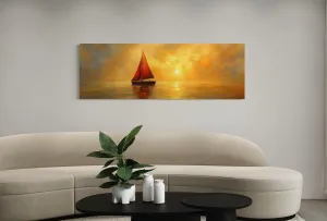 Gold Red Sail Boat Long Narrow Framed Canvas Wall Art