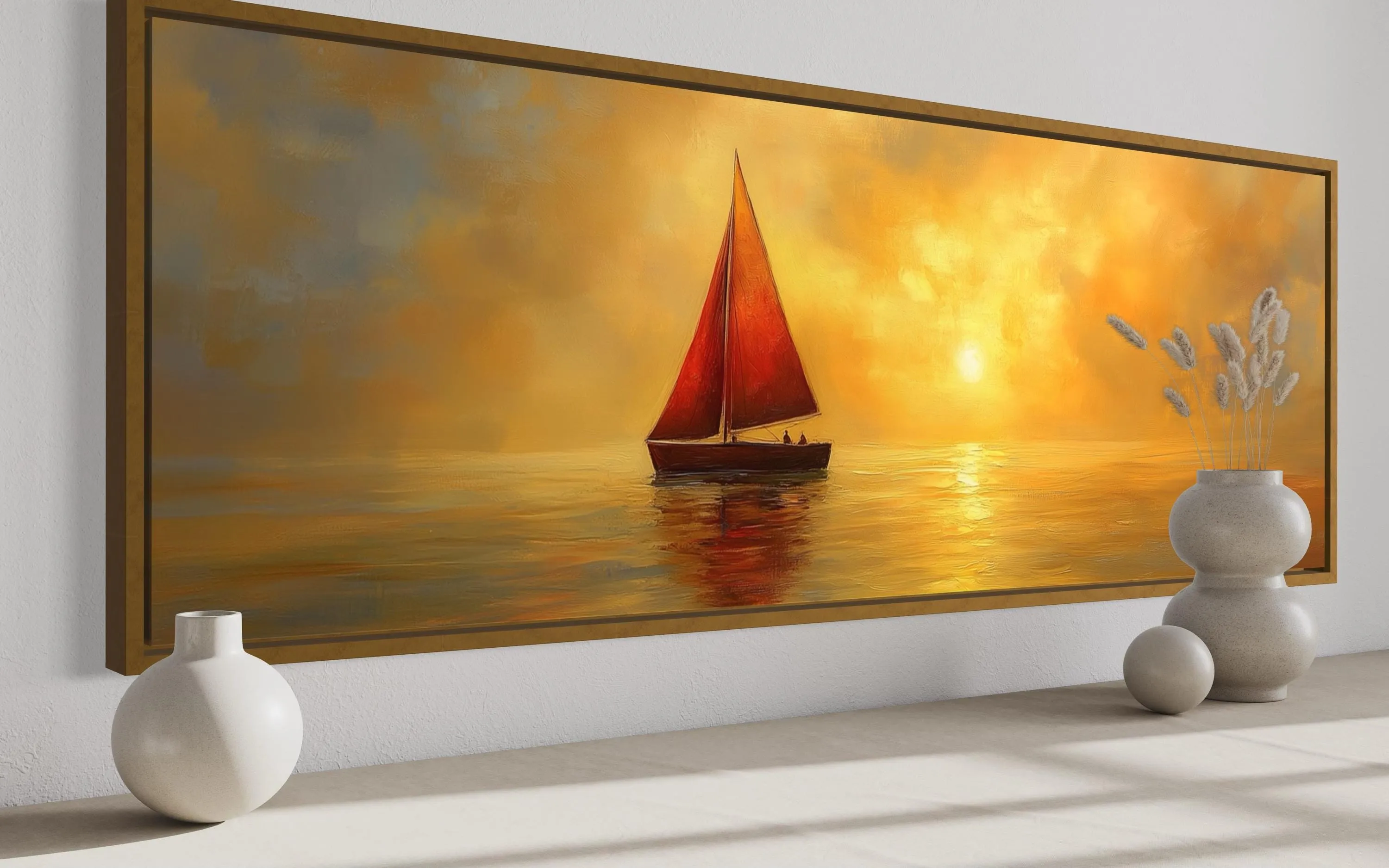 Gold Red Sail Boat Long Narrow Framed Canvas Wall Art