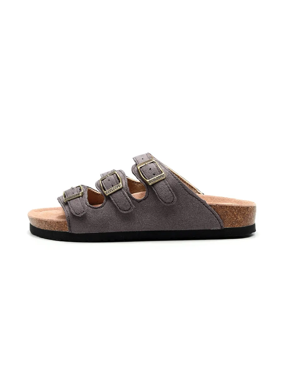 Grey Triple-Buckle Suede Upper Sandal