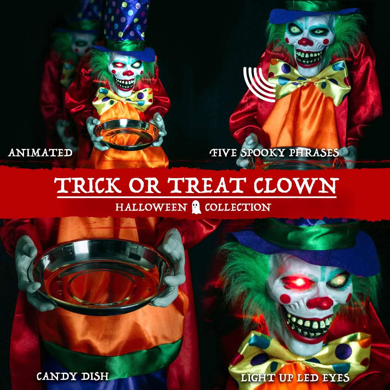 Halloween Animatronics Clown with Candy Dish Prop -Sound Activated