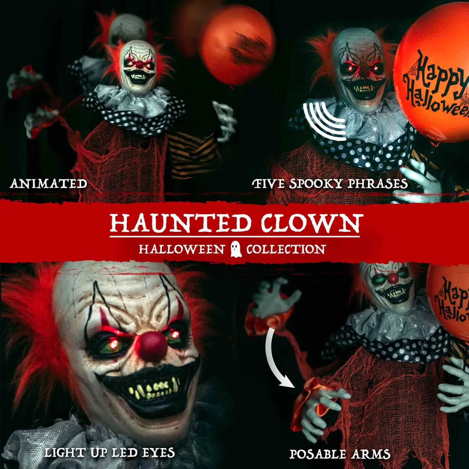 Halloween Animatronics Sound-Activated Clown with Balloon Decoration
