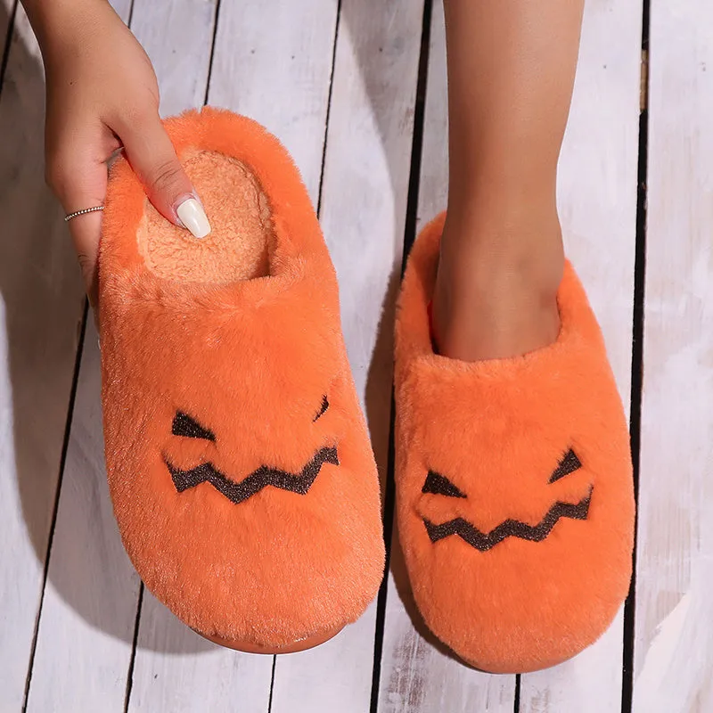 Halloween Pumpkin Plush Slippers, Cozy Halloween House Slippers