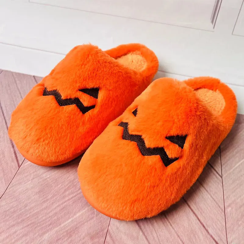 Halloween Pumpkin Plush Slippers, Cozy Halloween House Slippers