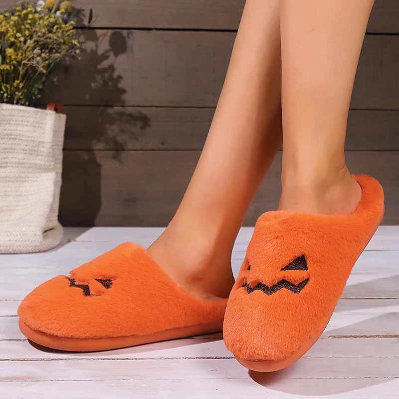 Halloween Pumpkin Plush Slippers, Cozy Halloween House Slippers