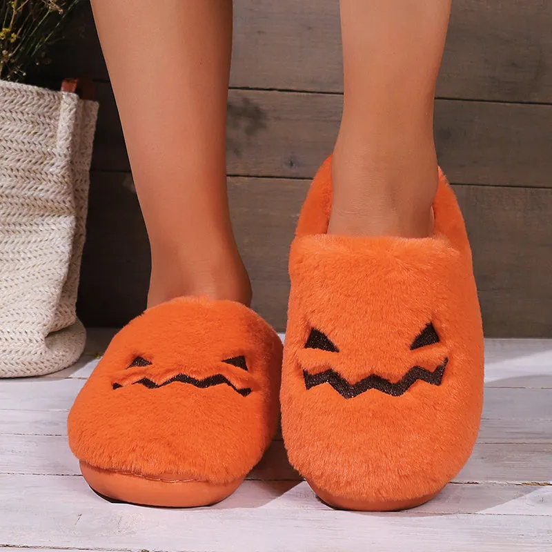Halloween Pumpkin Plush Slippers, Cozy Halloween House Slippers