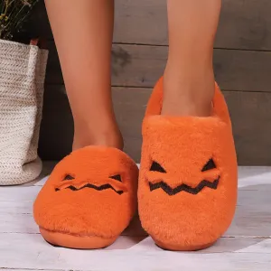 Halloween Pumpkin Plush Slippers, Cozy Halloween House Slippers