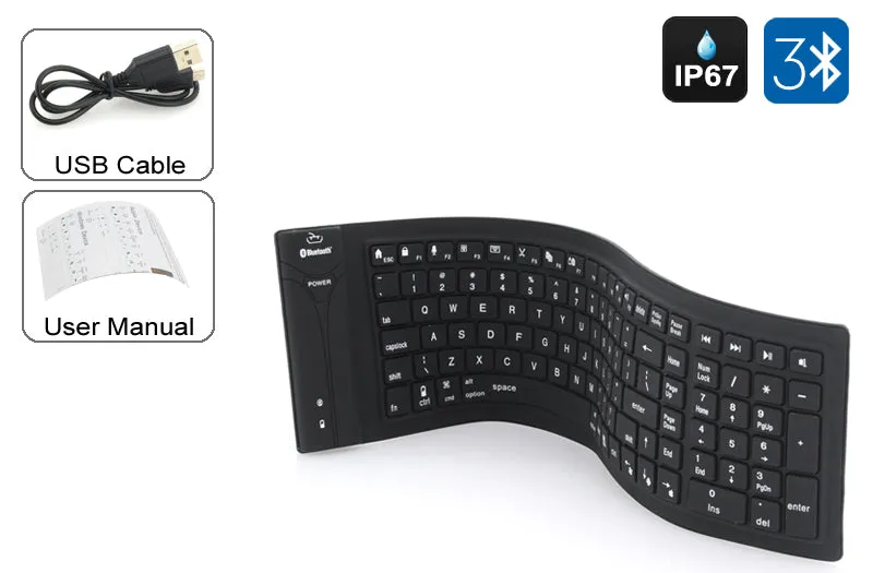 IP67 Bluetooth Wireless Keyboard - Supports PC, Mac, Android   IOS, Flexible Foldable Silicone, Waterproof, Dirt   Dustproof