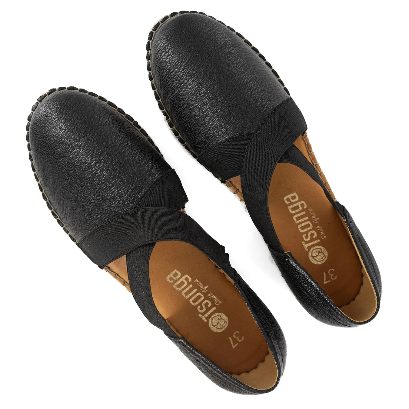 Jankomo : Ladies Leather Espadrille Shoe in Black Cayak