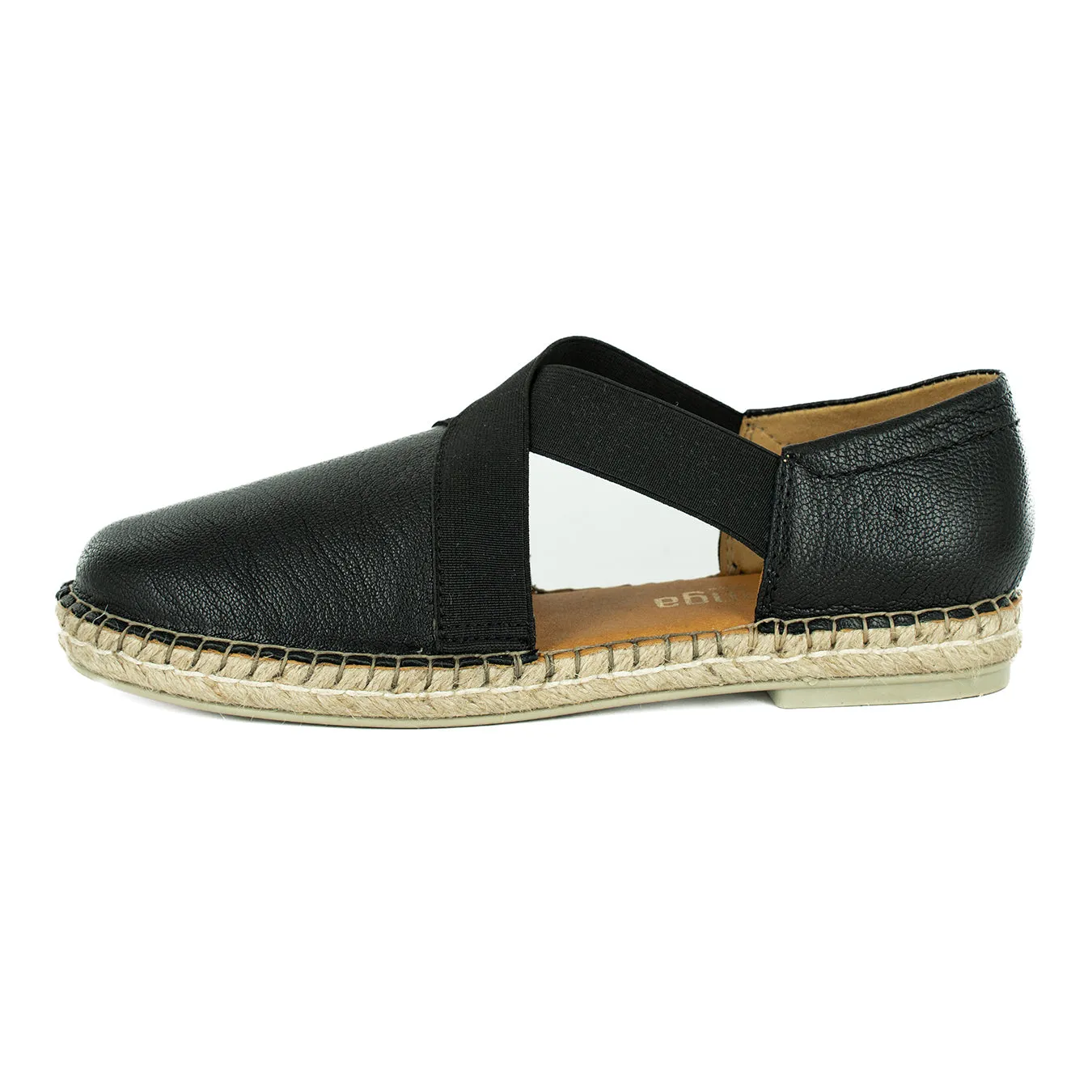 Jankomo : Ladies Leather Espadrille Shoe in Black Cayak