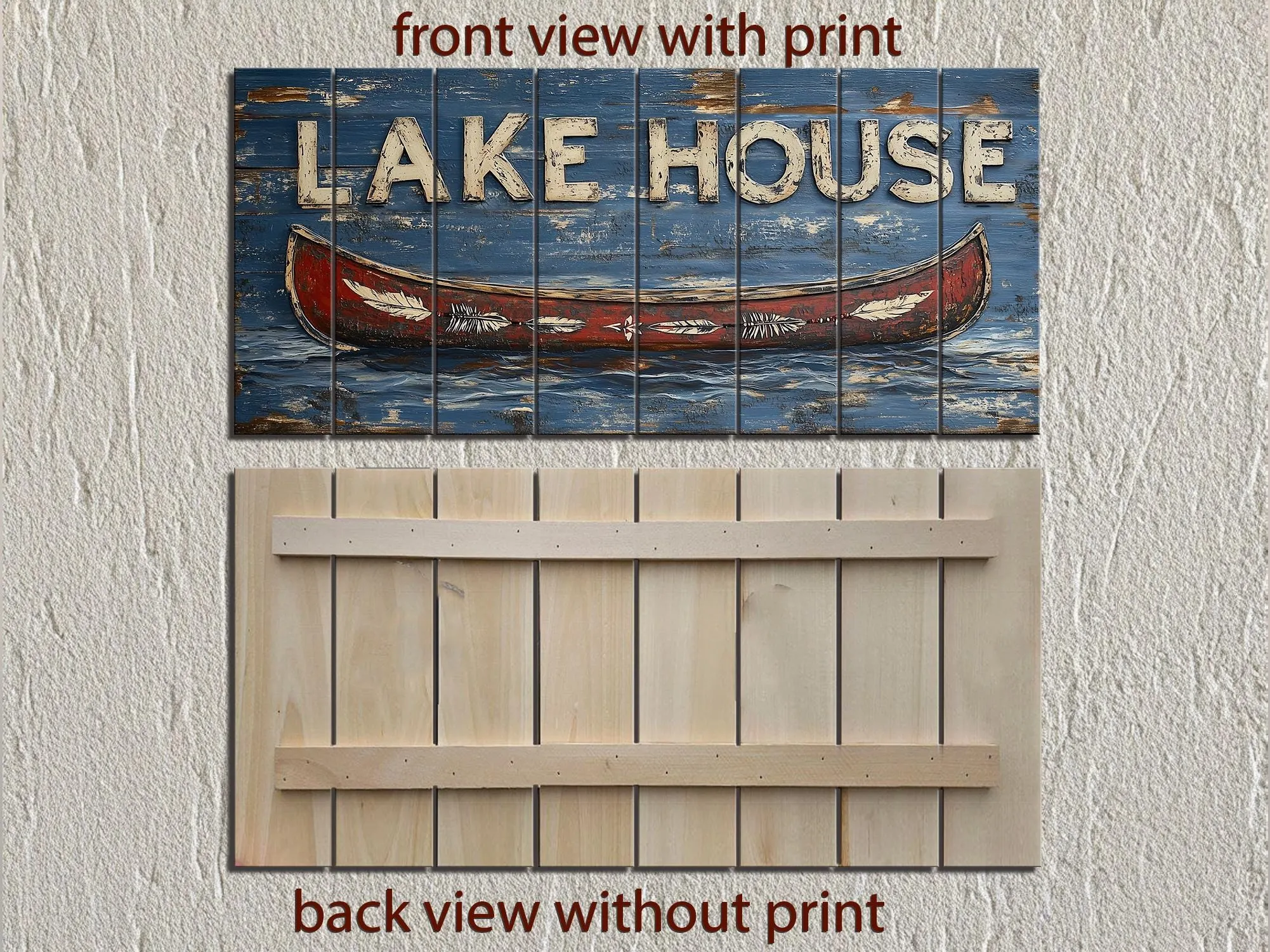 Lake House Sign With Red Canoe Real Wood Wall Art