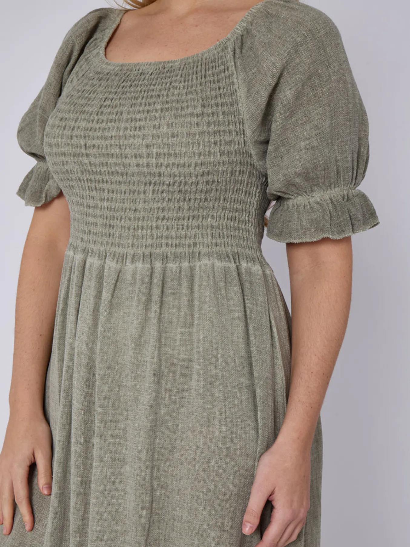 Light Blue Washed Linen Shirred Midi Dress