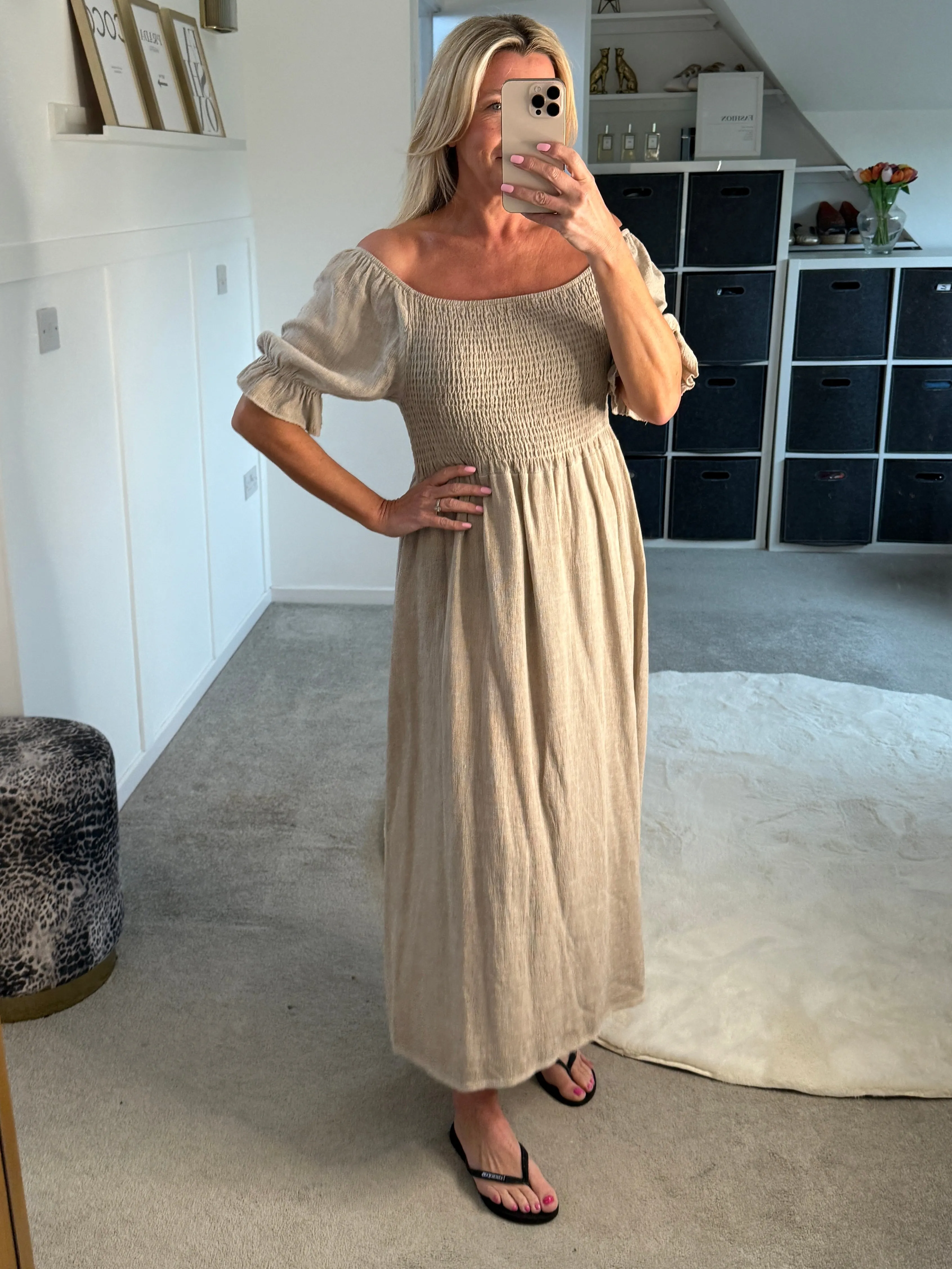 Light Blue Washed Linen Shirred Midi Dress