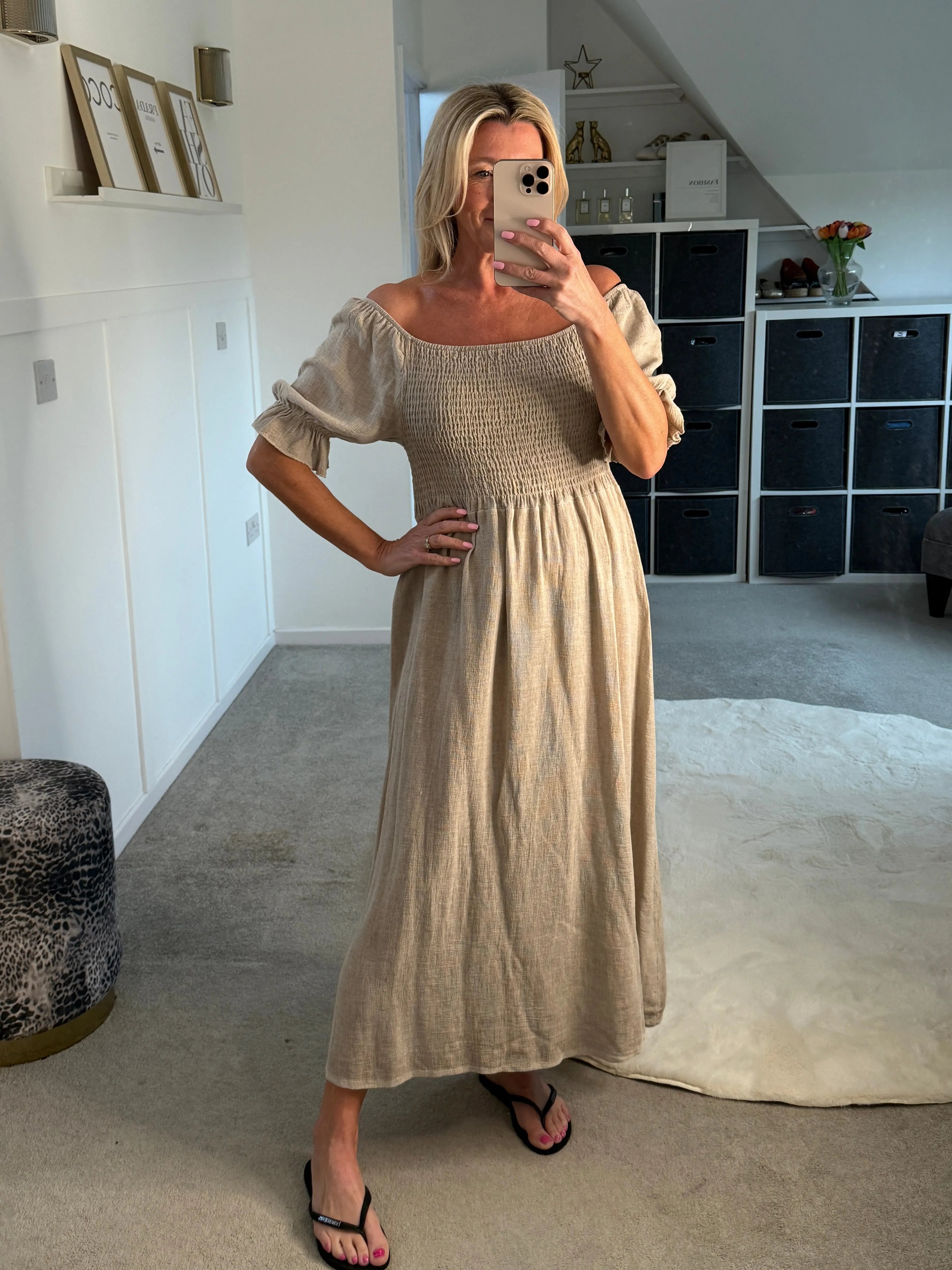Light Blue Washed Linen Shirred Midi Dress