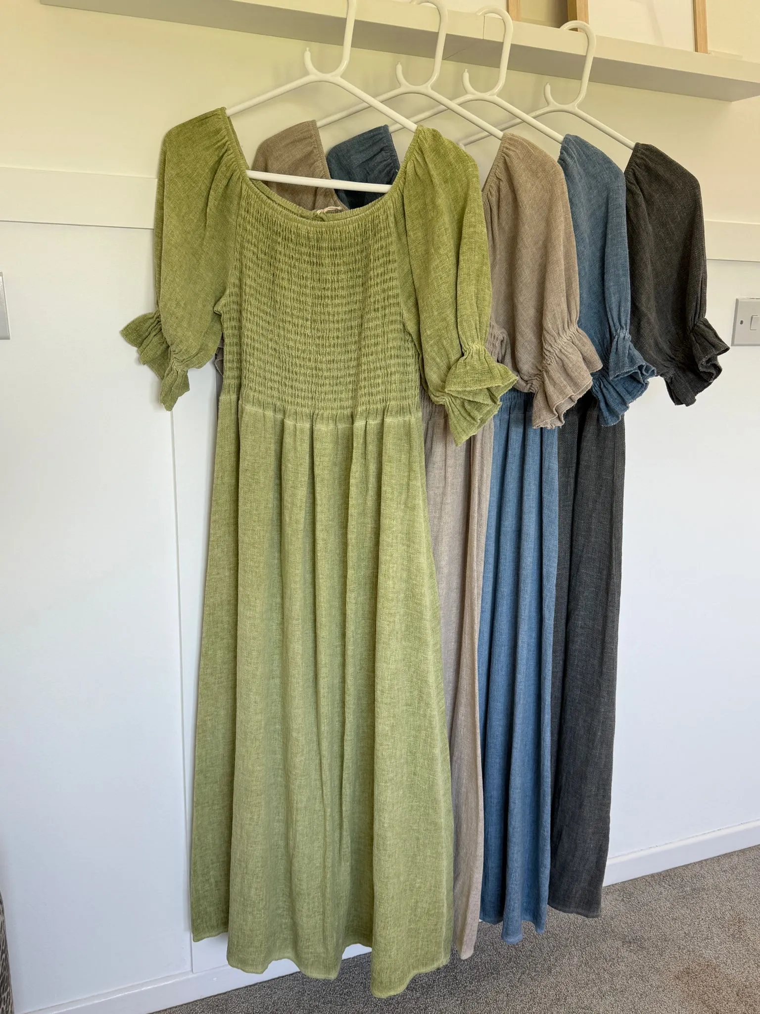 Light Blue Washed Linen Shirred Midi Dress