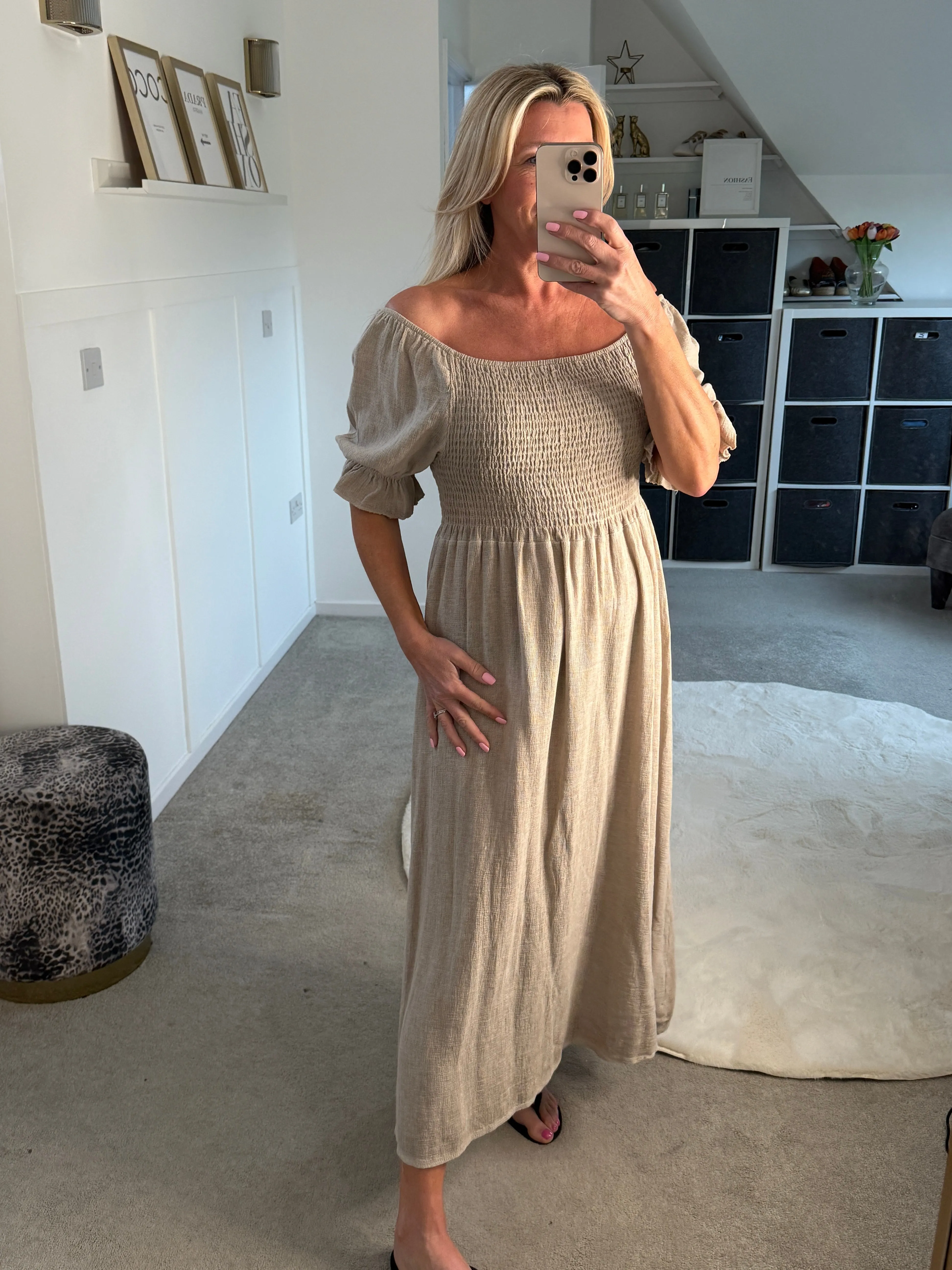 Light Blue Washed Linen Shirred Midi Dress