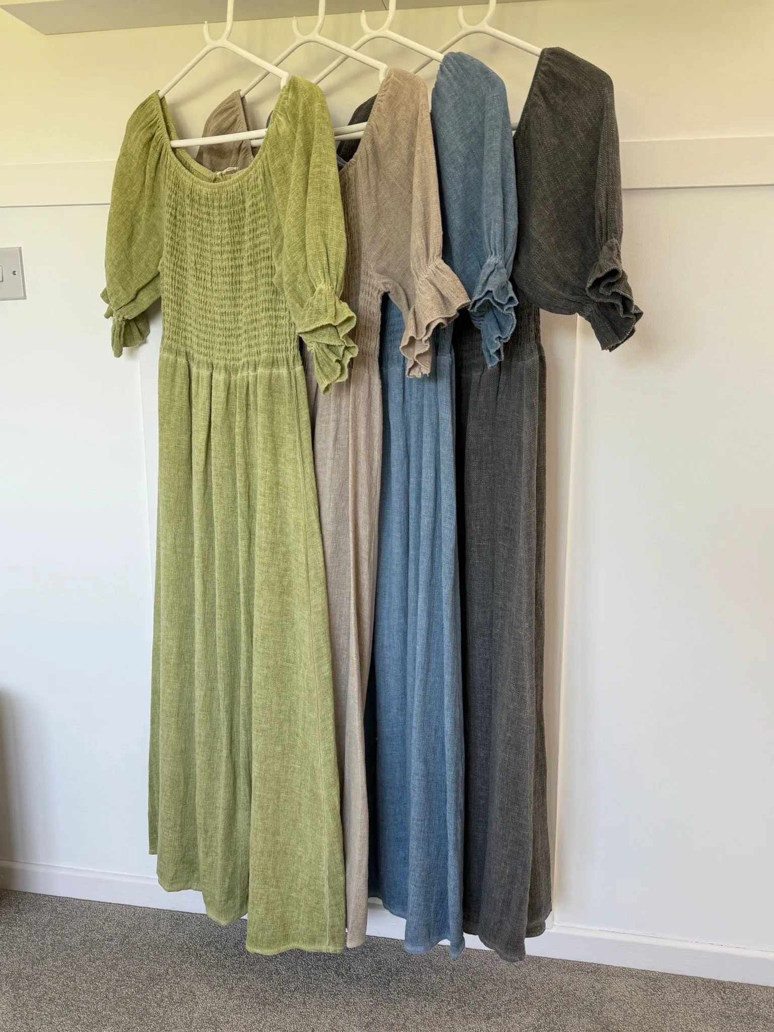 Light Blue Washed Linen Shirred Midi Dress