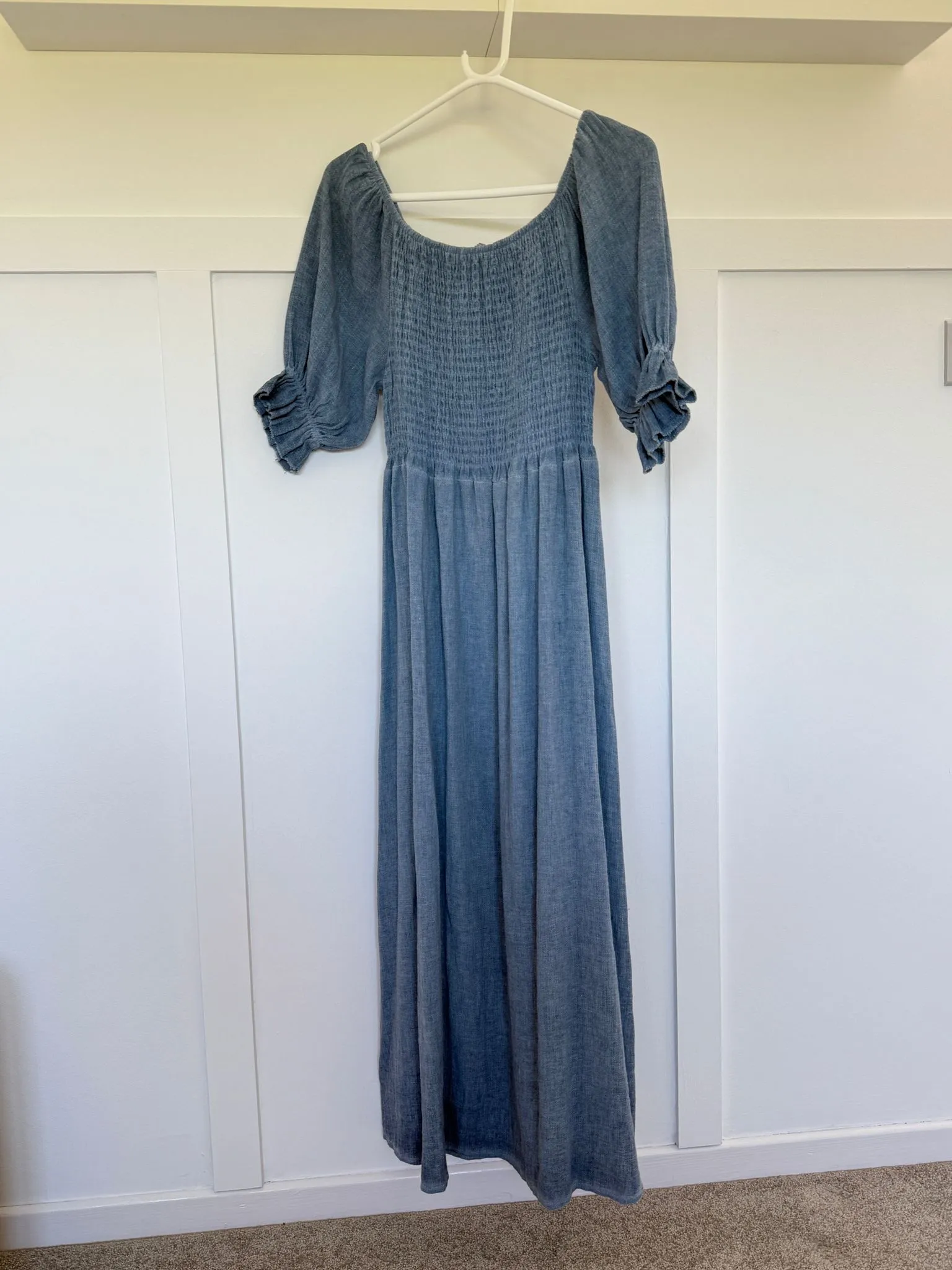 Light Blue Washed Linen Shirred Midi Dress