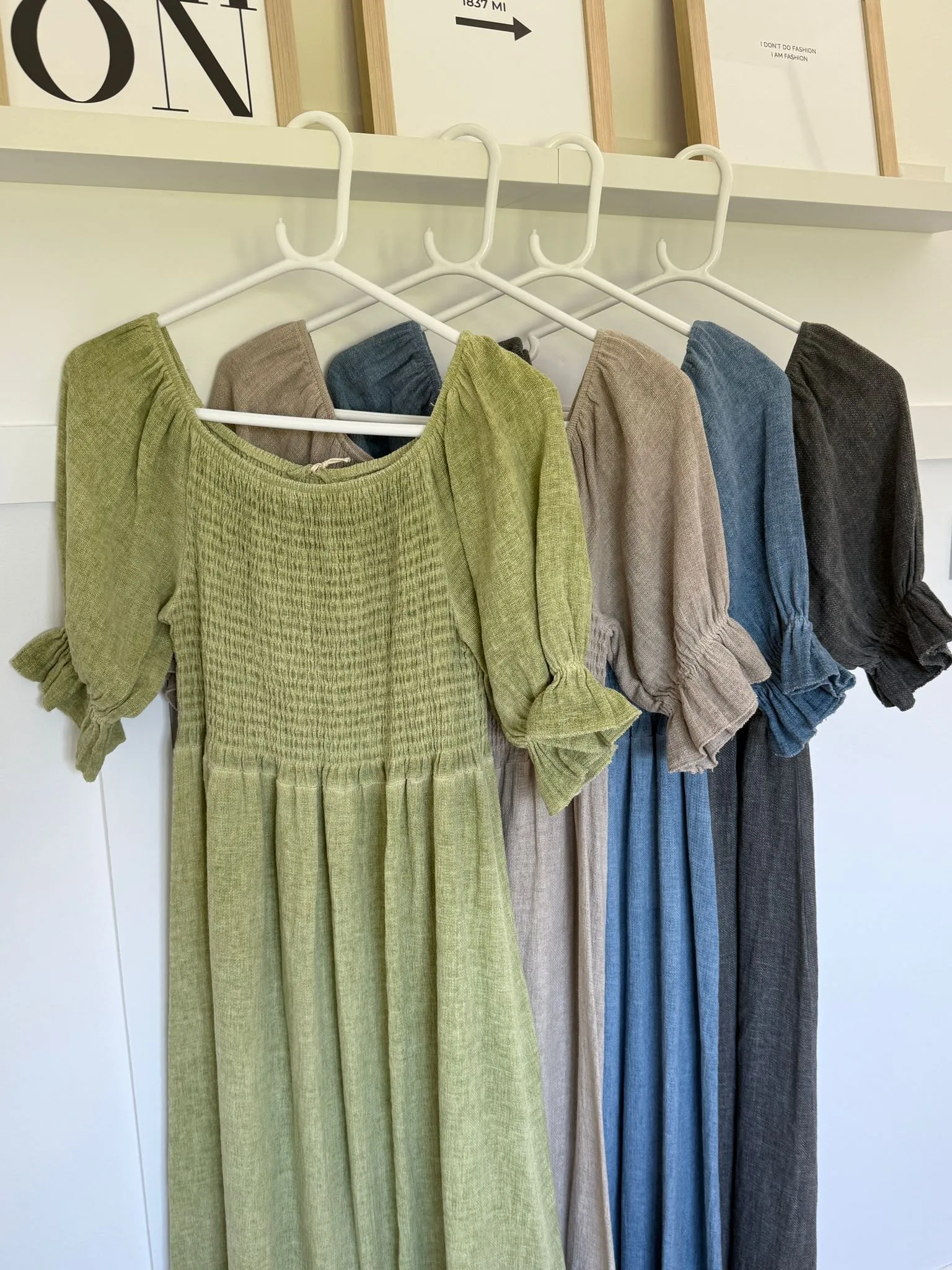 Light Blue Washed Linen Shirred Midi Dress