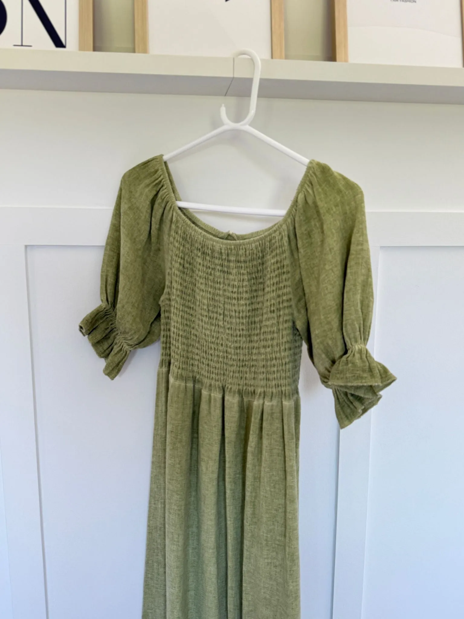 Light Blue Washed Linen Shirred Midi Dress
