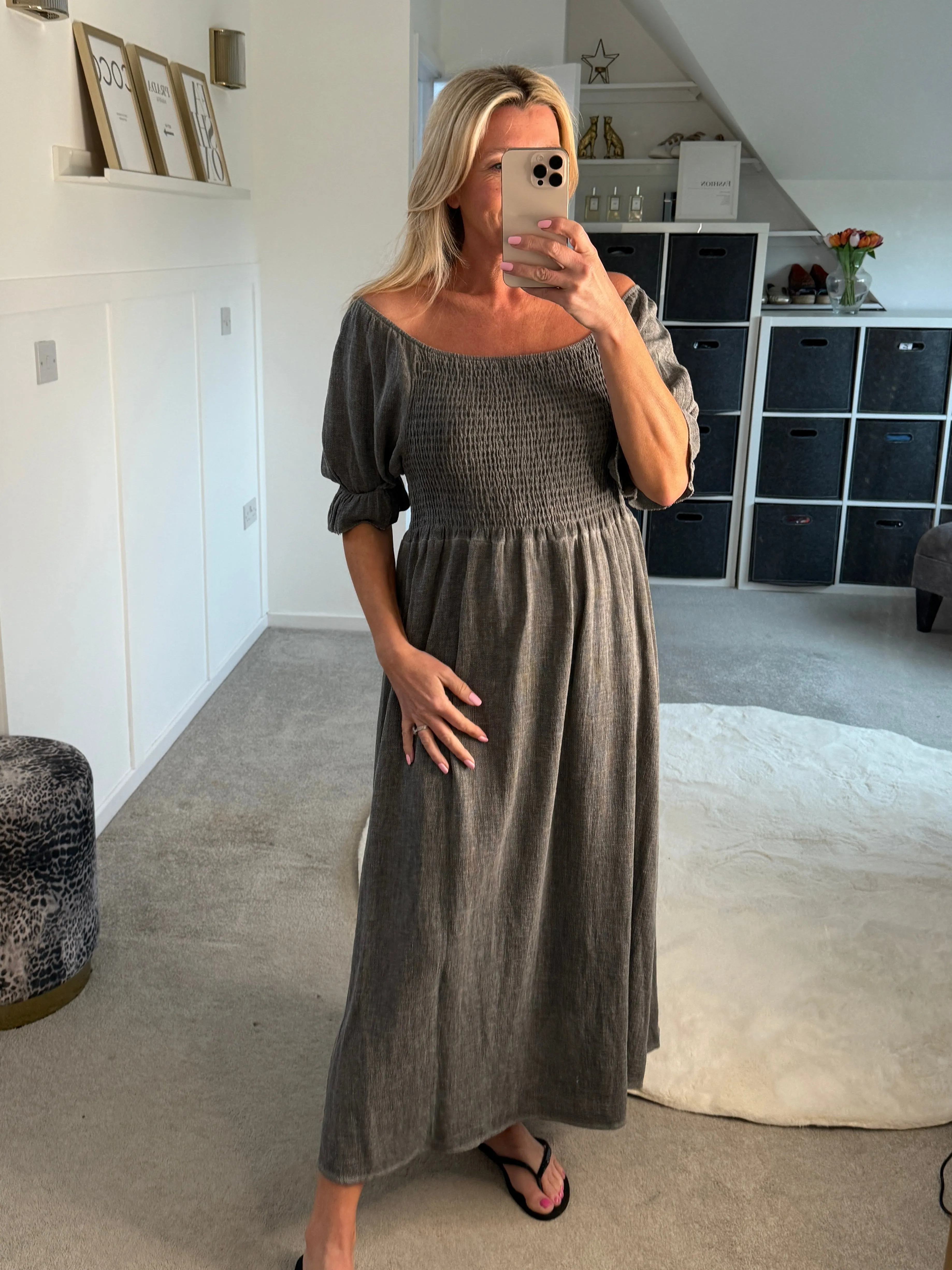 Light Blue Washed Linen Shirred Midi Dress