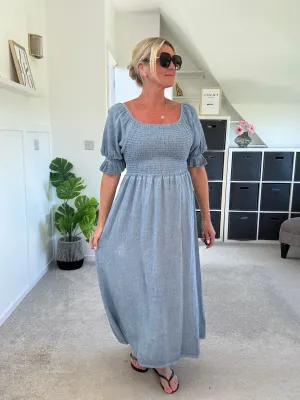 Light Blue Washed Linen Shirred Midi Dress