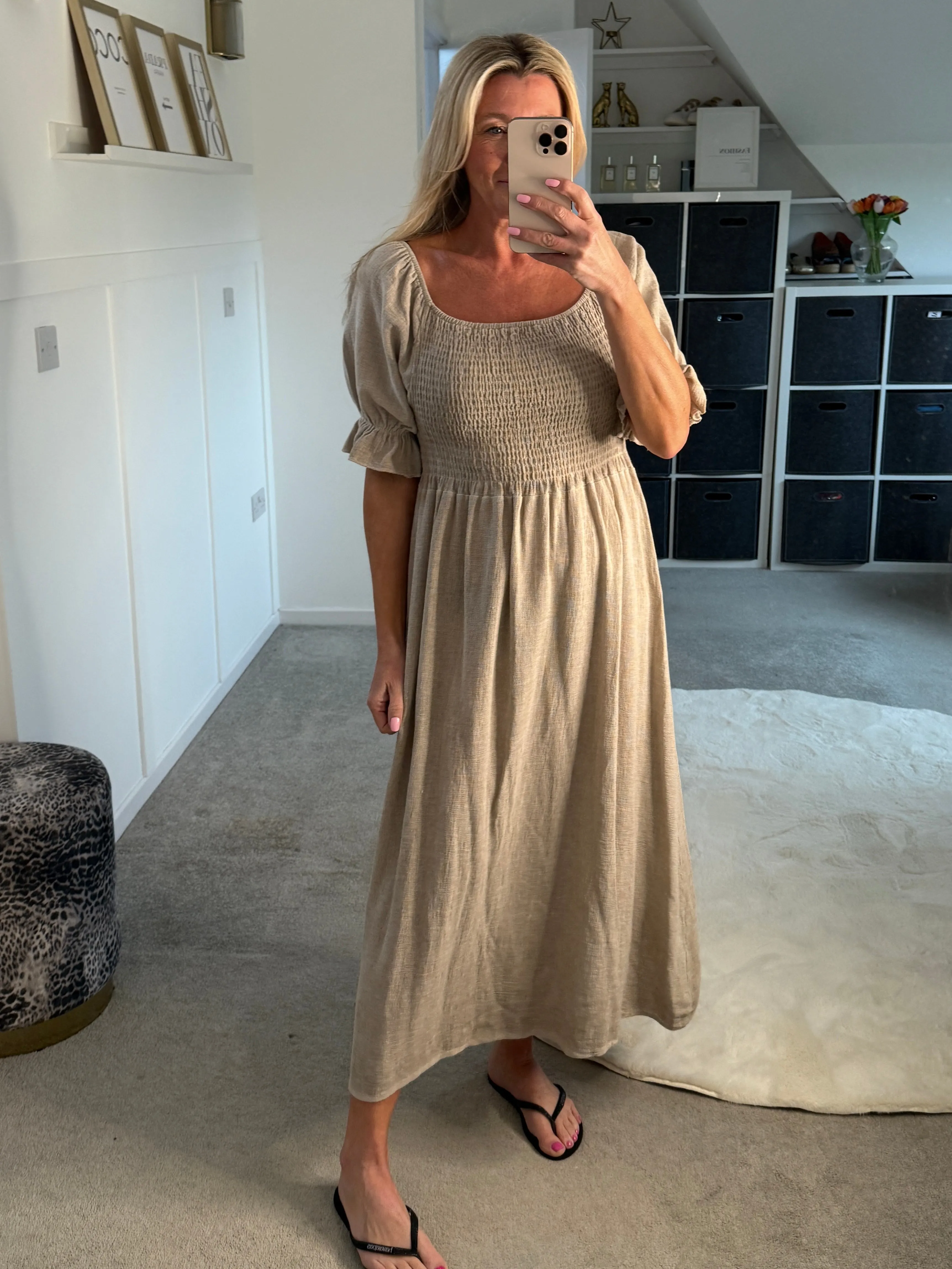 Light Blue Washed Linen Shirred Midi Dress