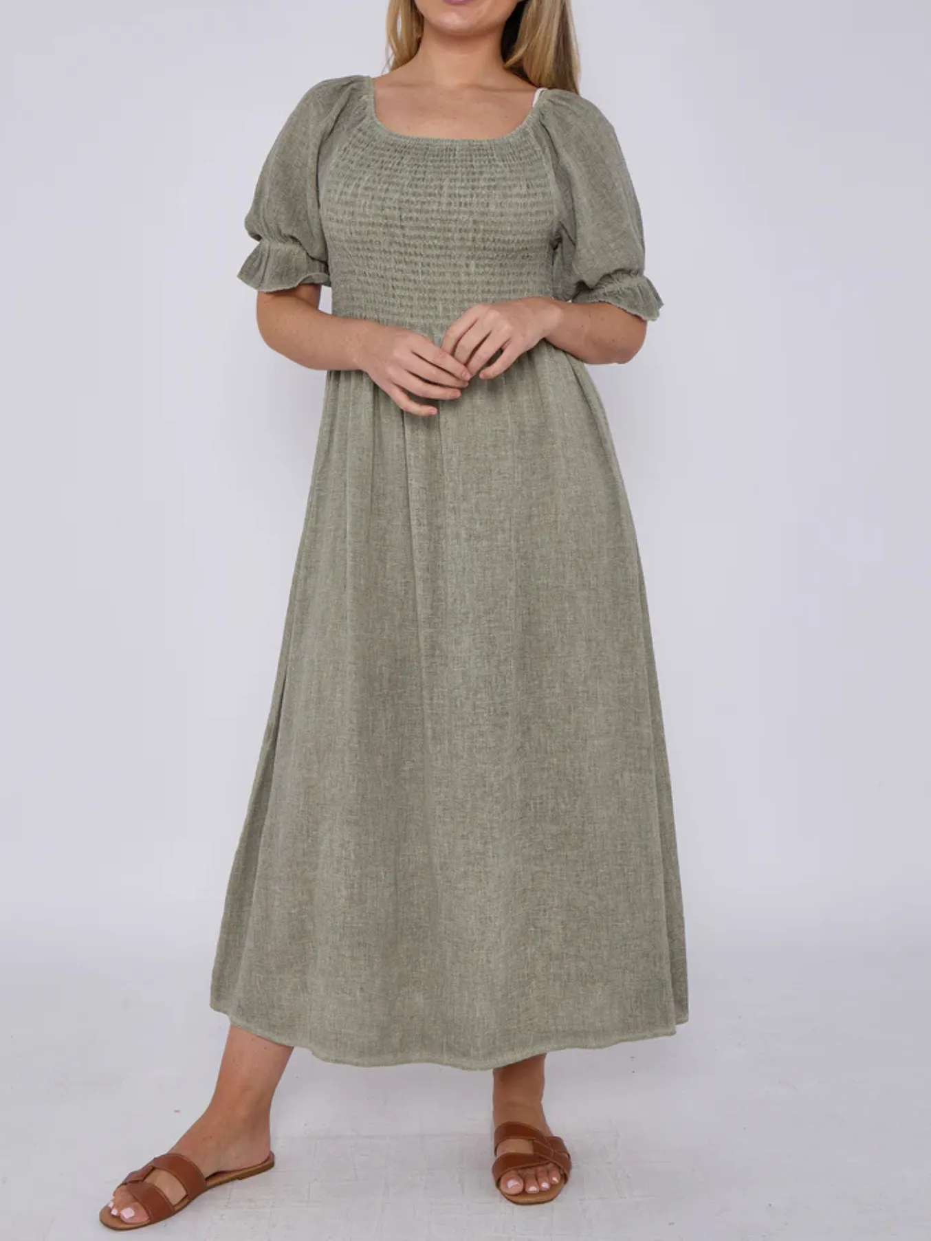 Light Blue Washed Linen Shirred Midi Dress