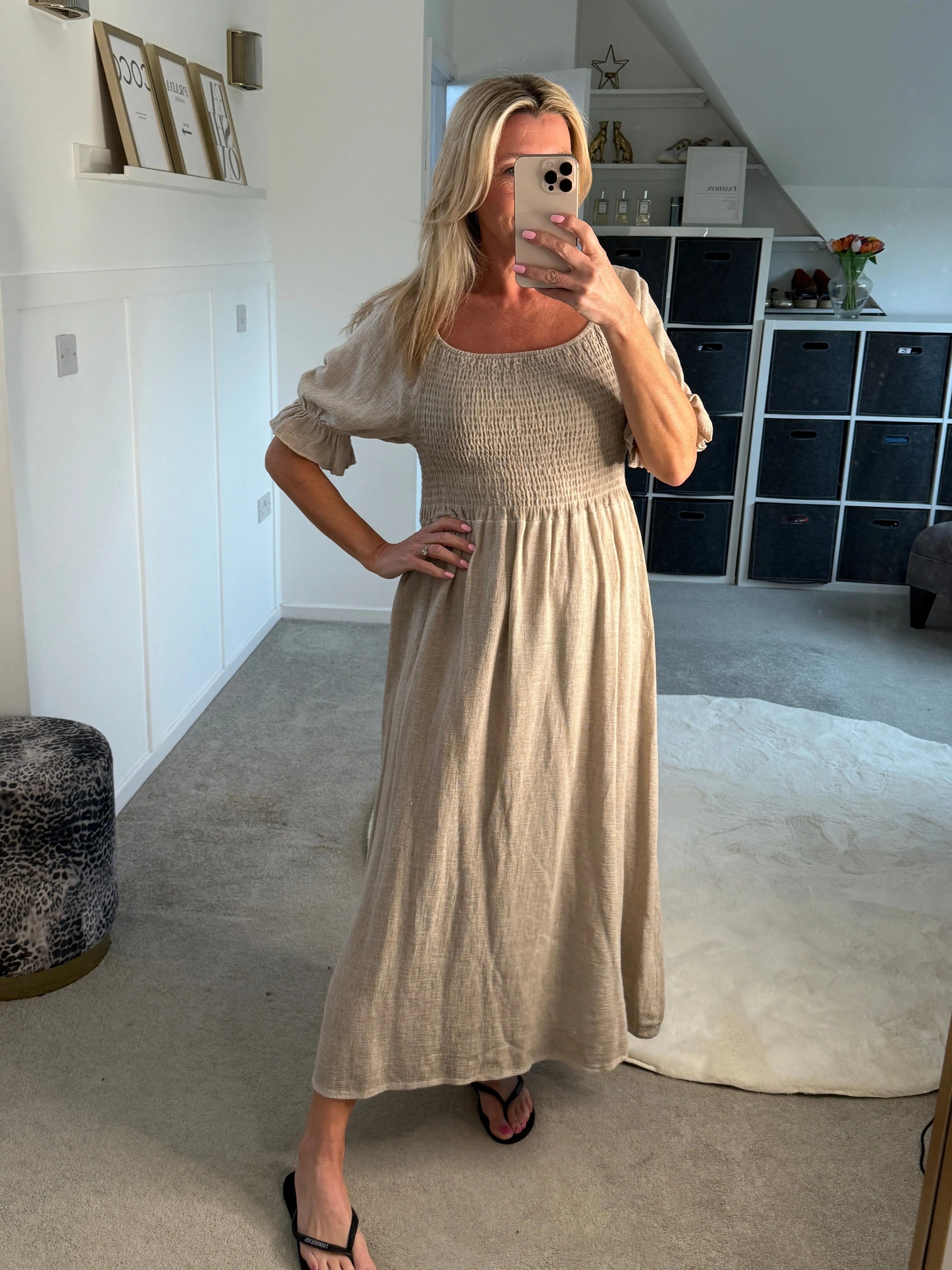 Light Blue Washed Linen Shirred Midi Dress