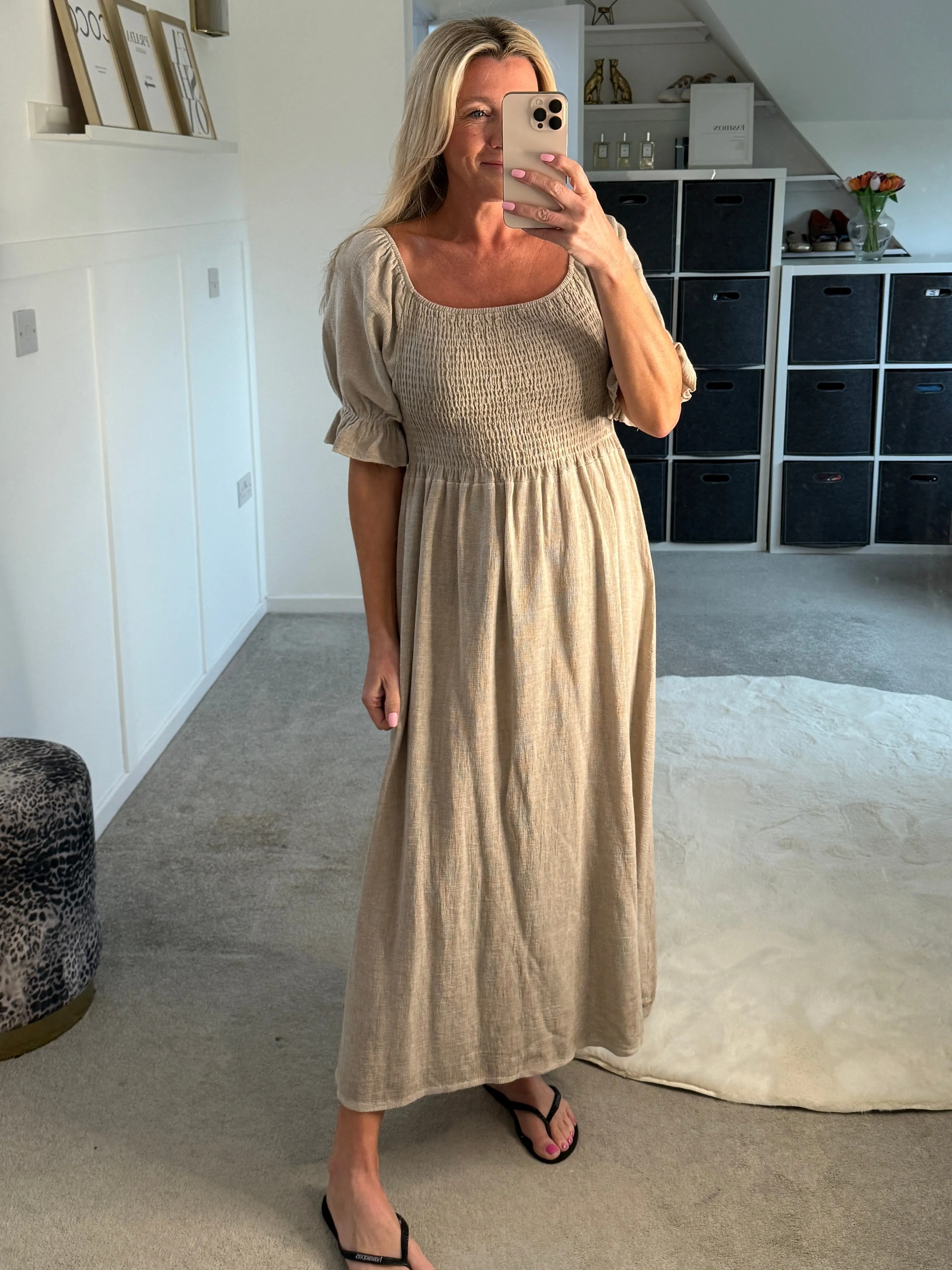 Light Blue Washed Linen Shirred Midi Dress
