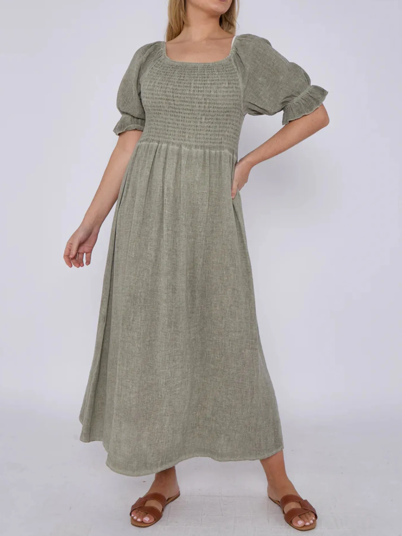 Light Blue Washed Linen Shirred Midi Dress