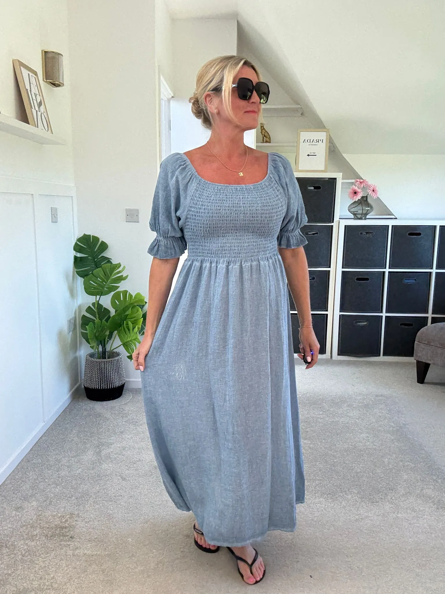Light Blue Washed Linen Shirred Midi Dress