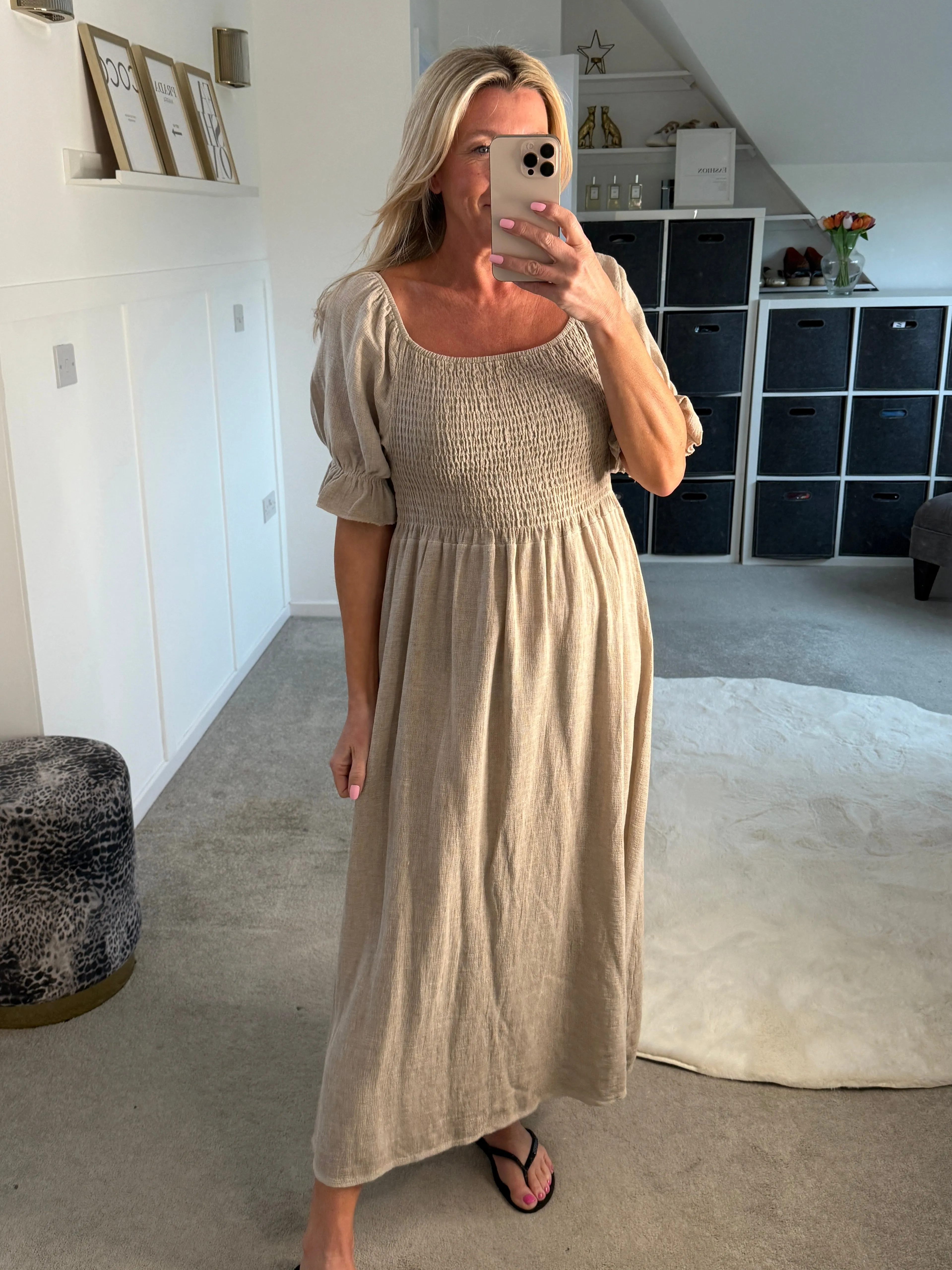 Light Blue Washed Linen Shirred Midi Dress