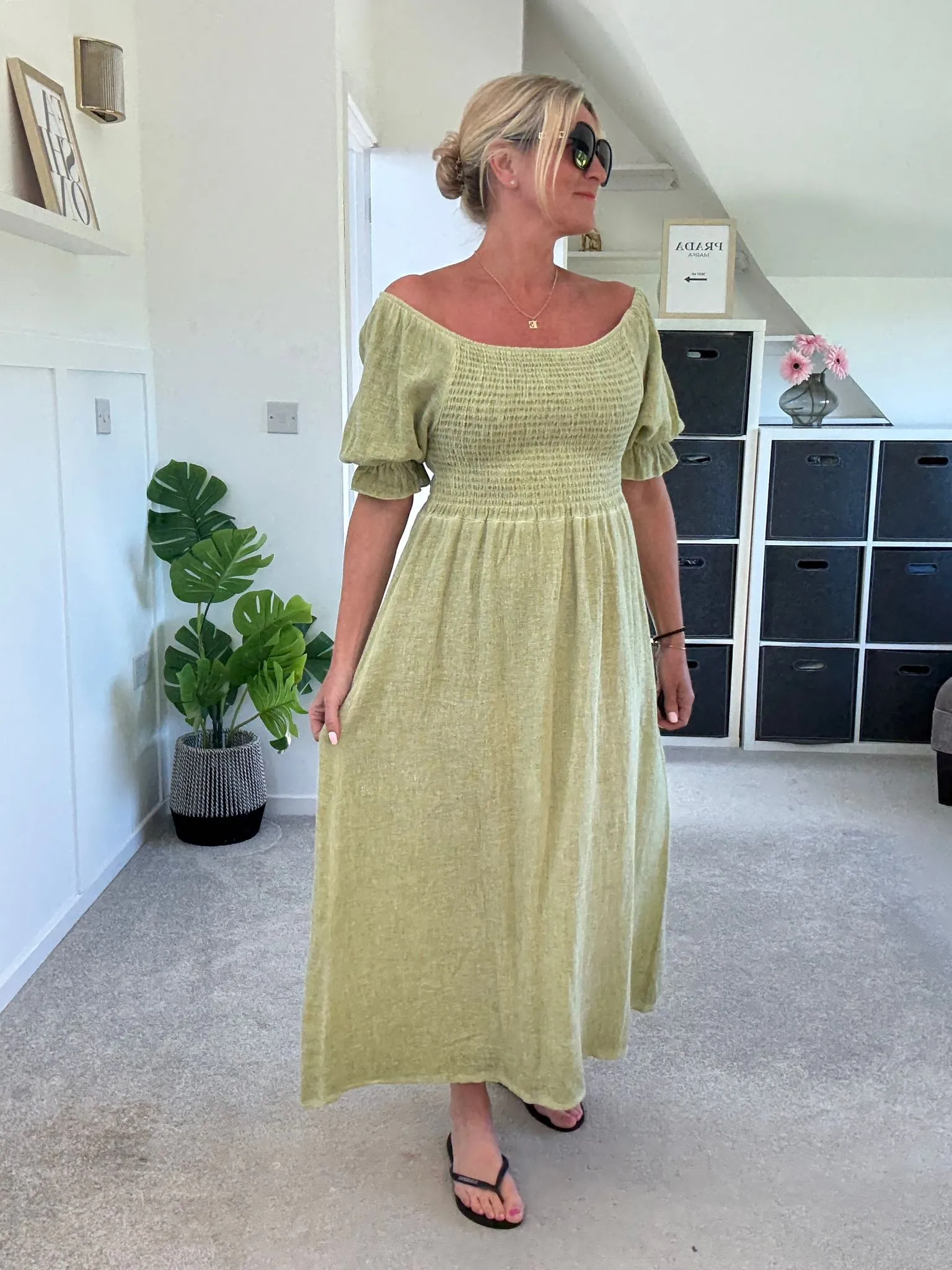 Light Blue Washed Linen Shirred Midi Dress