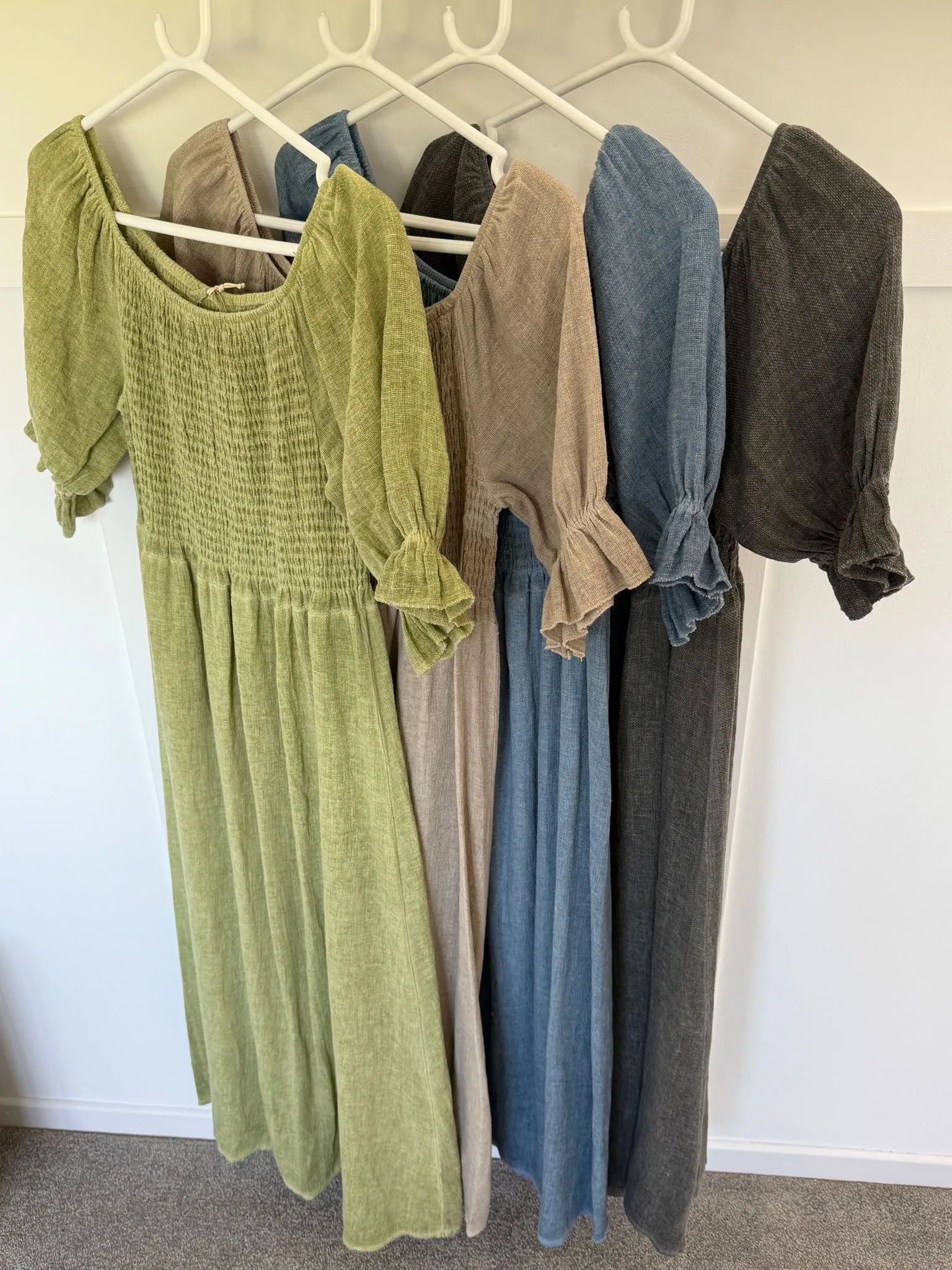 Light Blue Washed Linen Shirred Midi Dress